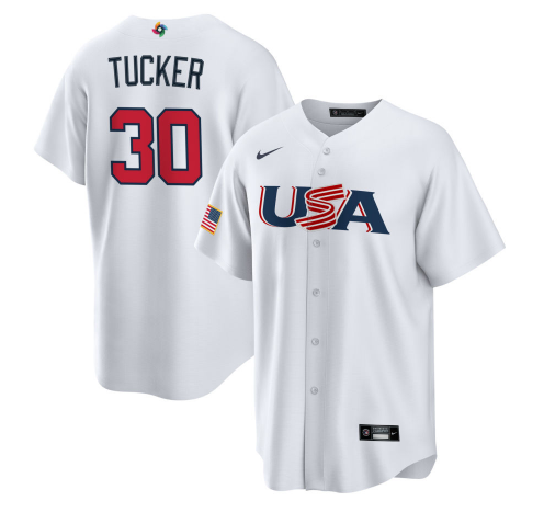 Men's USA Baseball #30 Kyle Tucker 2023 White World Baseball Classic Replica Stitched Jersey